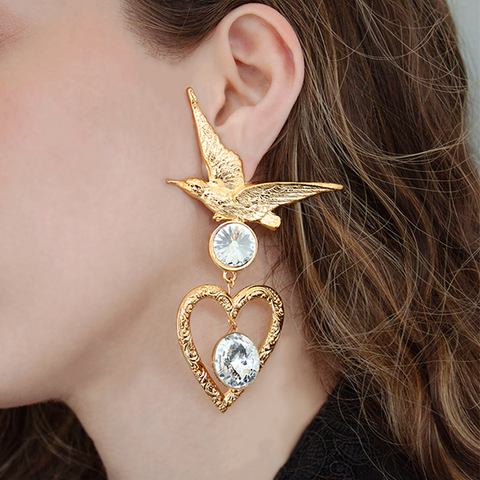 "BIRD & HEART" GOLD-PLATED WITH SWAROVSKI CLEAR CRYSTALS