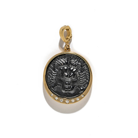 "LION BLACK GLASS COIN WITH SCATTERED DIAMONDS" MEDIUM CHARM