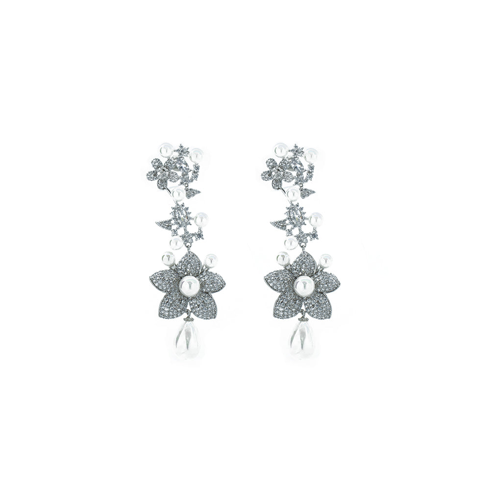 "Large Silver Flower and Pearl Drop" Earrings