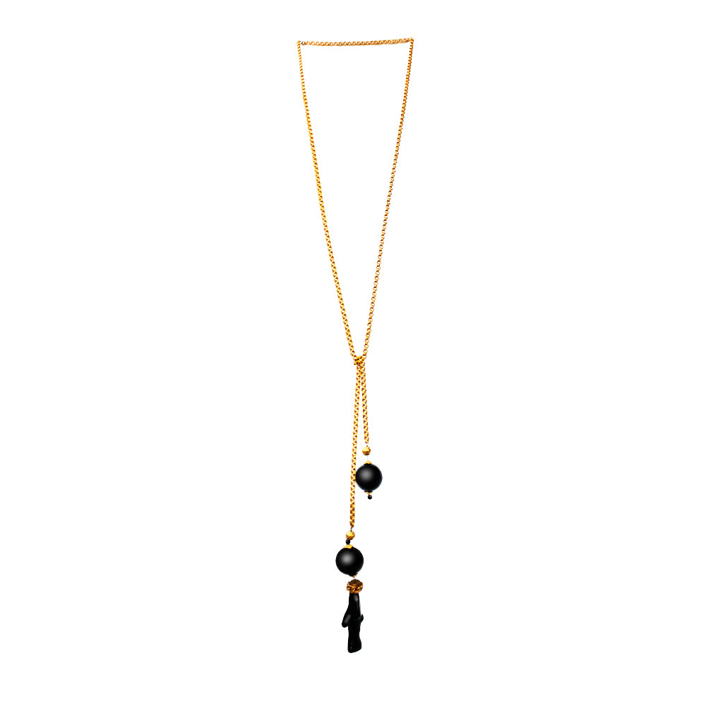 18K GOLD CHAIN, BLACK CORAL & ONYX LONG NECKLACE