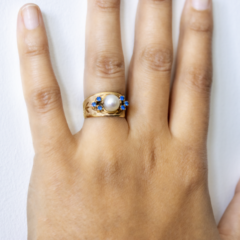 "10K Yellow Gold Pearl and Blue Stone" Ring