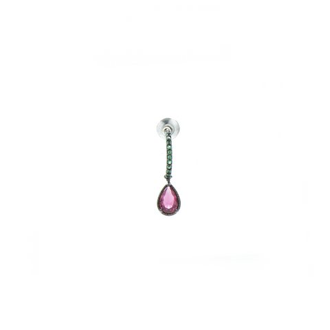 "Small Green Crystal with Pink Droplet" Mono Earring