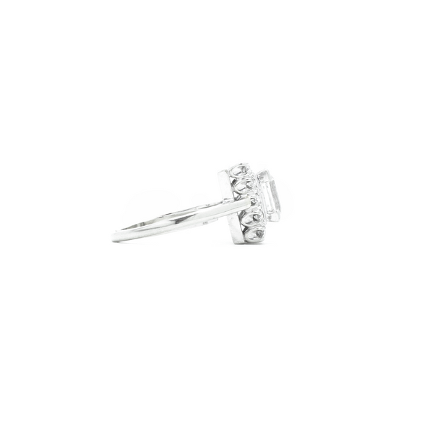 "18k White Gold and Emerald Cut Diamond Solitaire with Halo" Ring