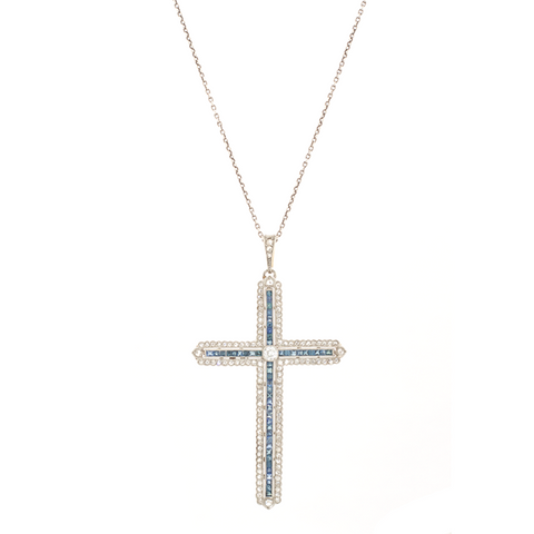 "Platinum, 18k Gold, Diamond and Sapphire Cross Pendant" Necklace