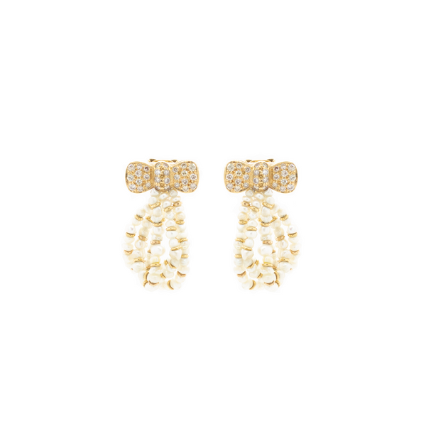 "French 18k Yellow Gold, Natural Pearl and Diamond Bow" Earrings
