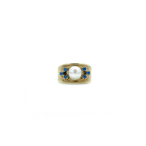 "10K Yellow Gold Pearl and Blue Stone" Ring
