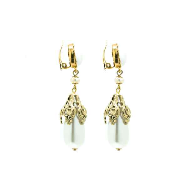 "Clip-on Gold Drop Pearls Pair" Earrings