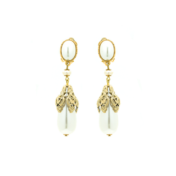 "Clip-on Gold Drop Pearls Pair" Earrings