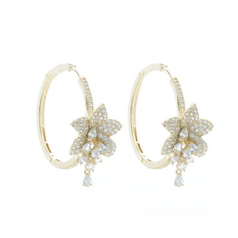 "Gold Floral Crystal Hoop" Earrings