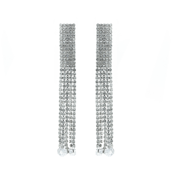 "Rectangular Silver Long Crystal Drop" Earrings