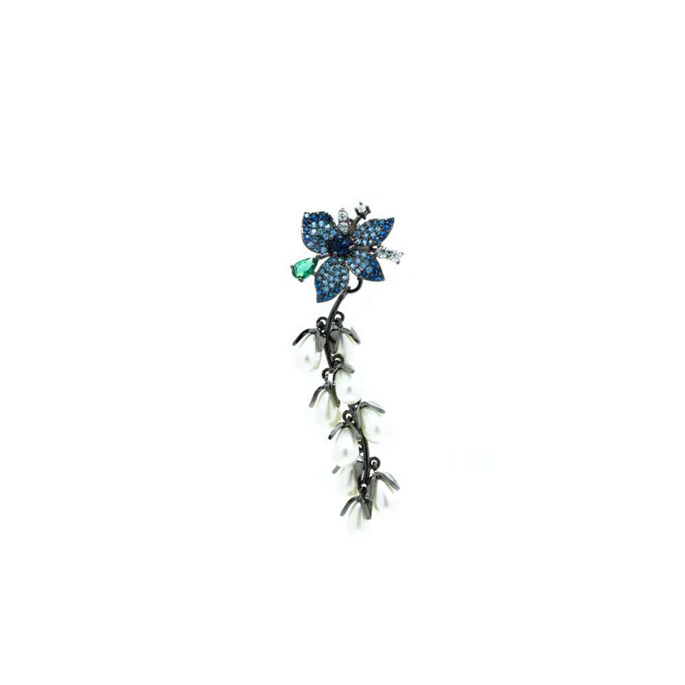 "Blue Crystal Flower with Pearl Drops" Mono Earring