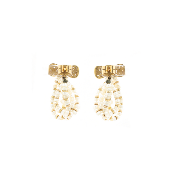 "French 18k Yellow Gold, Natural Pearl and Diamond Bow" Earrings