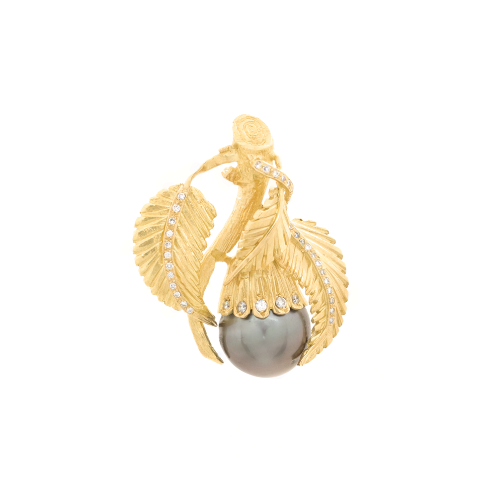 "Tahitian Pearl, Diamond and 18k Yellow Gold Leaf and Branch" Pendant