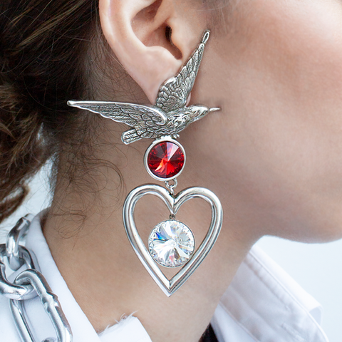 "BIRD & HEART" SILVER-PLATED WITH SWAROVSKI CLEAR & RED CRYSTALS EARRINGS