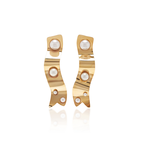 "RIBBON" GOLD-PLATED EARRINGS WITH PEARL DETAILS