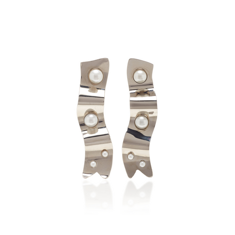 "RIBBON" SILVER-PLATED EARRINGS WITH PEARL DETAILS