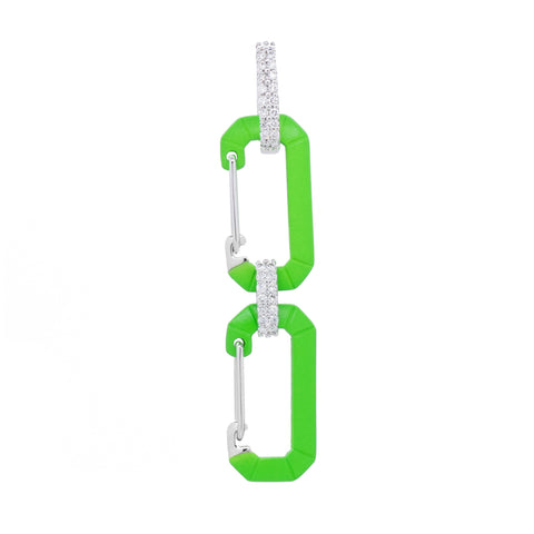 "CHIARA" SMALL FLUO GREEN & WHITE GOLD DOUBLE CARABINER EARRINGS WITH DIAMONDS