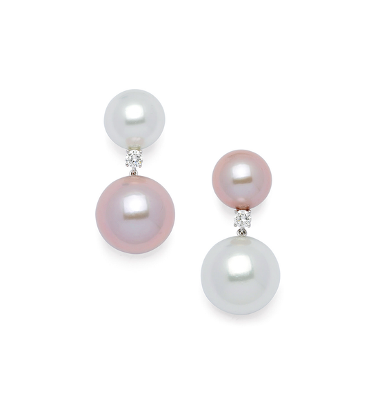SOUTH SEA PINK & WHITE CULTURED PEARL EARRINGS WITH DIAMONDS