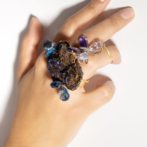 "Druzy Agate, Blue Topaz and Amethyst" Double Ring