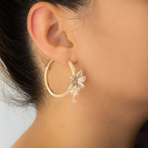 "Gold Floral Crystal Hoop" Earrings
