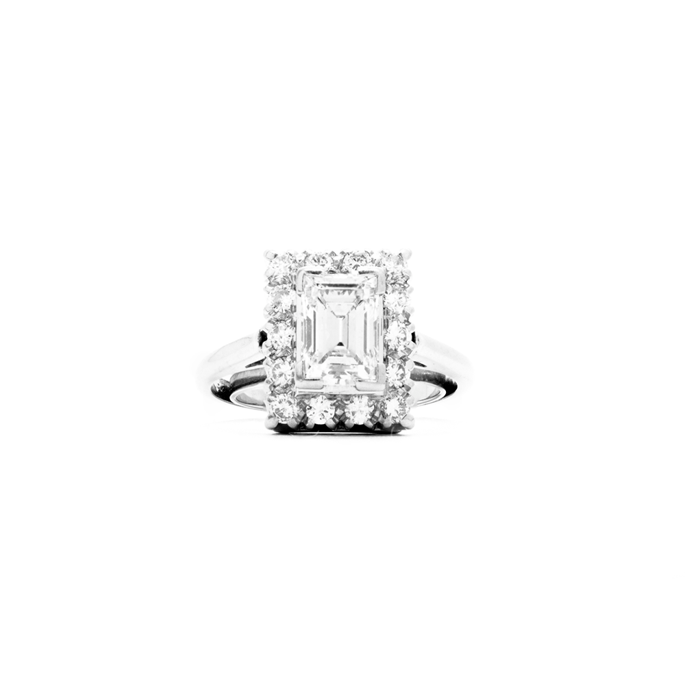 "18k White Gold and Emerald Cut Diamond Solitaire with Halo" Ring