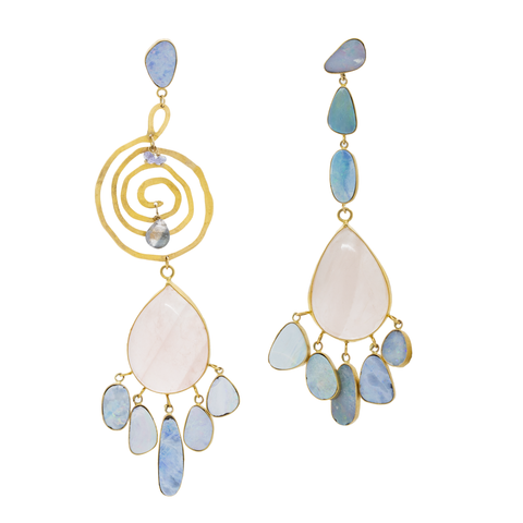 "Rose Quartz, Blue Opal and 18K Gold" Earrings