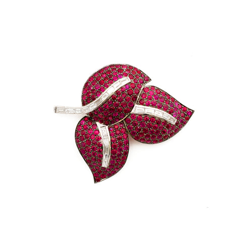"White Gold Ruby and Diamond Leaf" Brooch