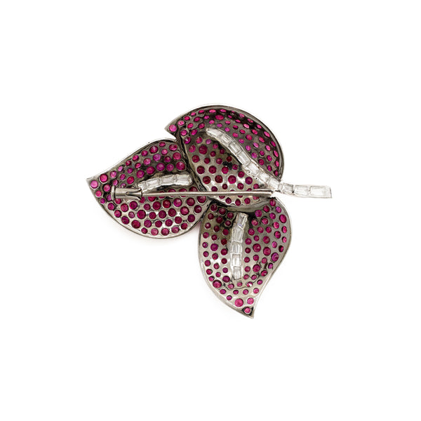 "White Gold Ruby and Diamond Leaf" Brooch