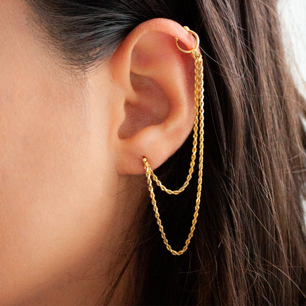"18k Yellow Gold Double Chain and Cuff" Mono Earring