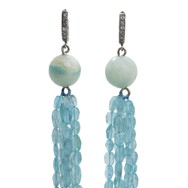 Apatite Beads and Diamonds Tassel Earrings