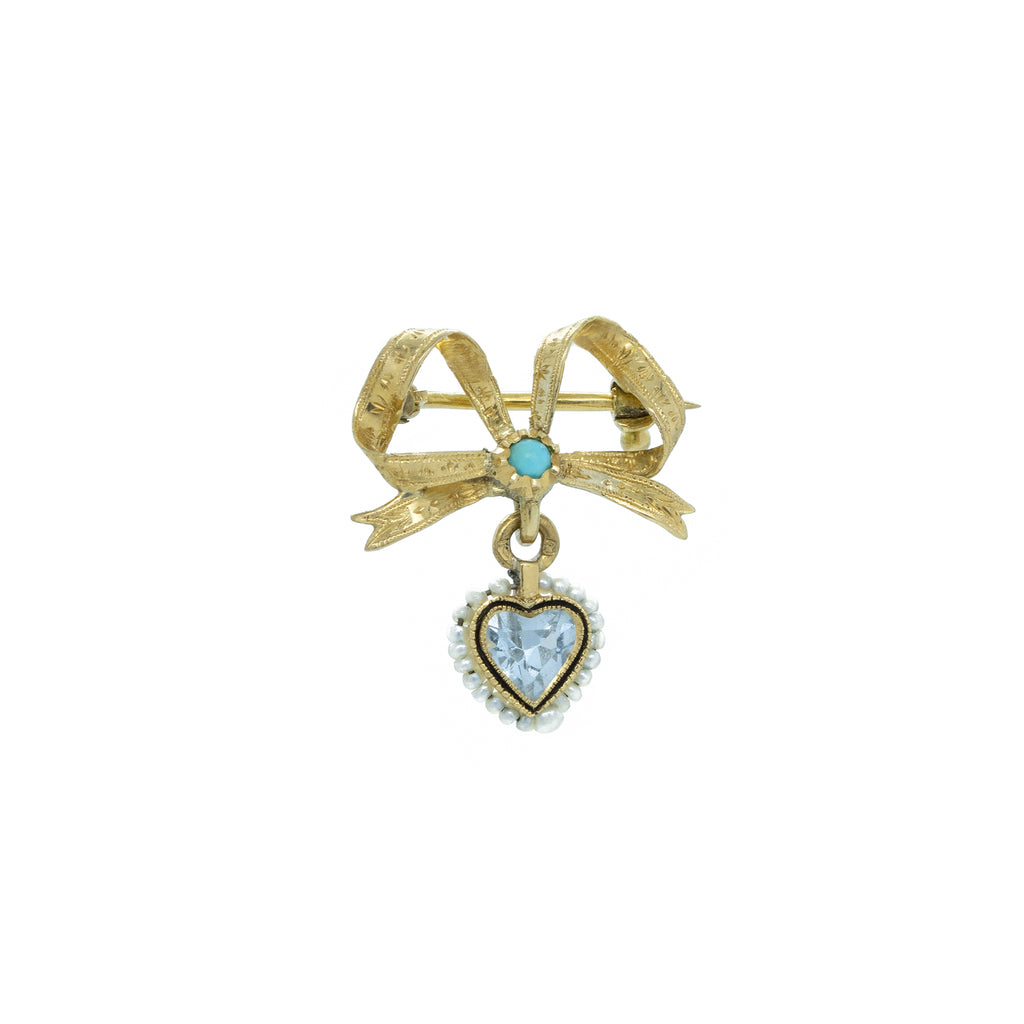 "Antique Heart Gemstone, Turquoise and Pearl" Brooch
