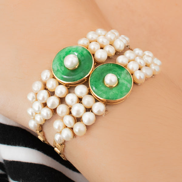 "Chinese Jadeite, Pearl and Yellow Gold Pair" Bracelets