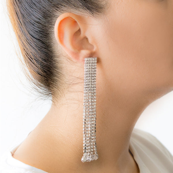 "Rectangular Silver Long Crystal Drop" Earrings