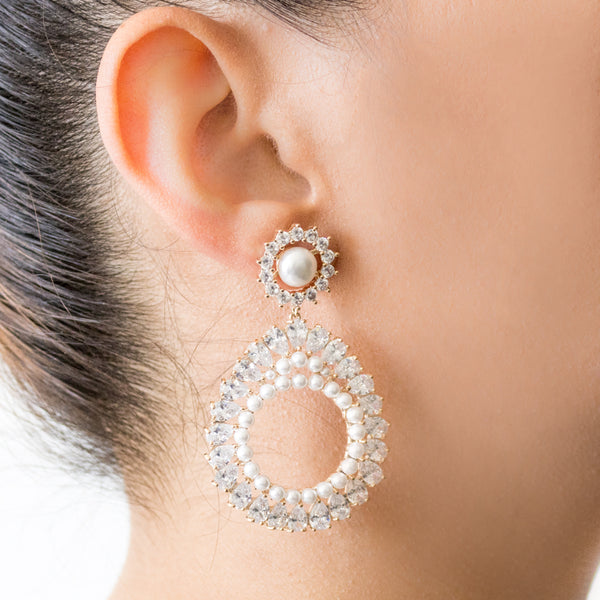 "Crystal and Pearl Drop Hoop" Earrings