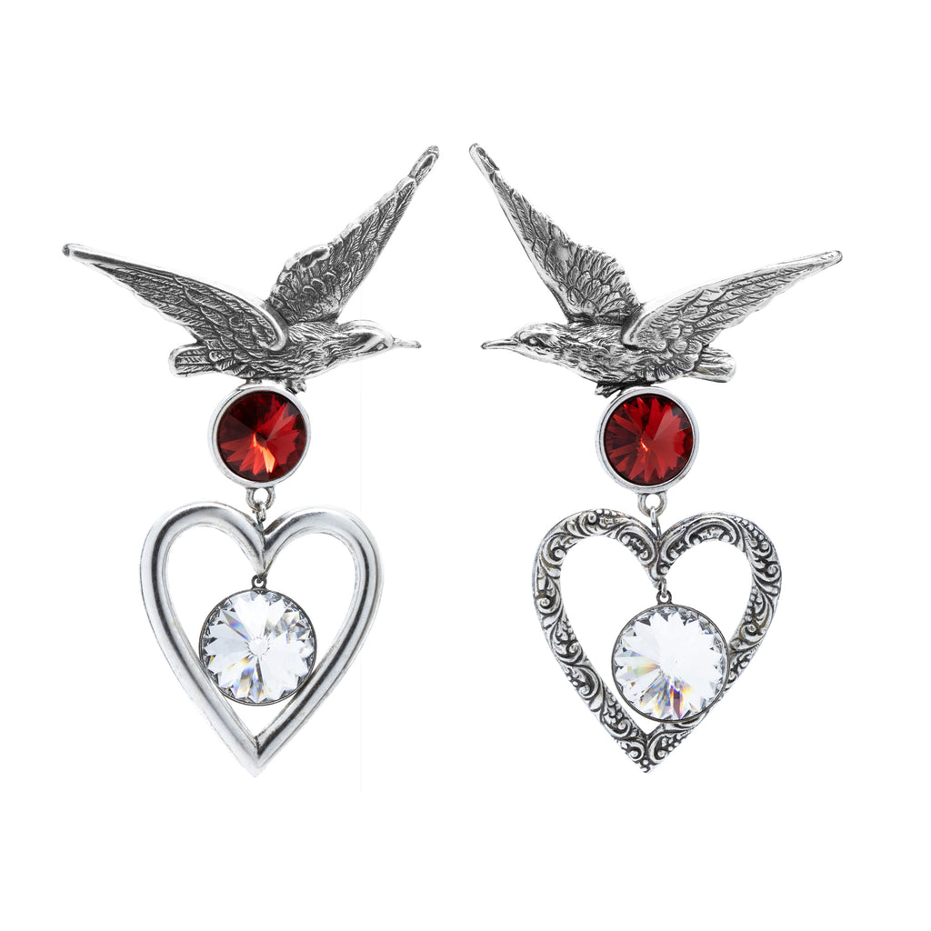 "BIRD & HEART" SILVER-PLATED WITH SWAROVSKI CLEAR & RED CRYSTALS EARRINGS