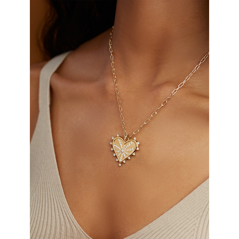 PAVE DIAMOND SPIKED HEART COIN NECKLACE